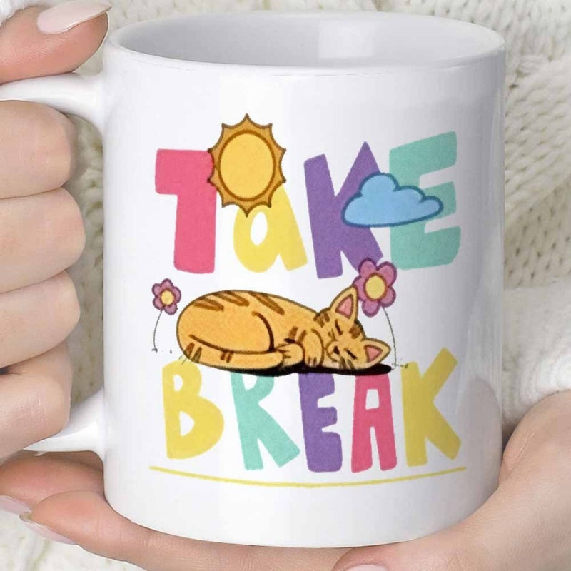 Tailorly White Ceramic 11 oz Mug - Take Break Sleeping Orange Tabby Resting Peacefully Under Warm Sun And Flowers Cat
