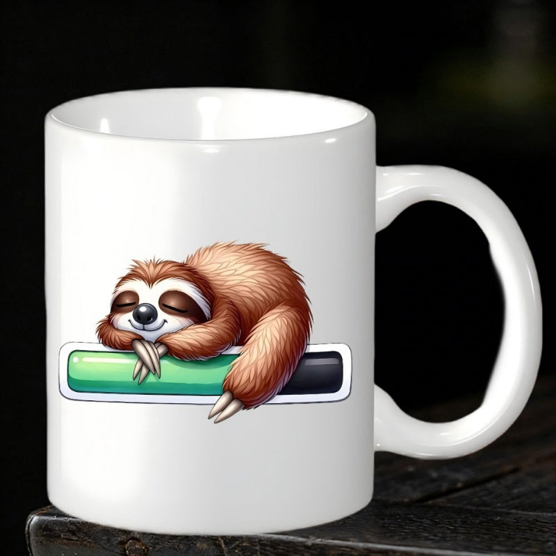 Tailorly White Ceramic 11 oz Mug - Adorable Brown Sloth Sleeping Quietly On A Green Loading Progress Bar Sloth