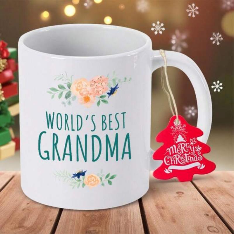 Tailorly White Ceramic 11 oz Mug - World's Best Grandma Pastel Watercolor Flowers Nestled Between Elegant Script And Ceramic Mug