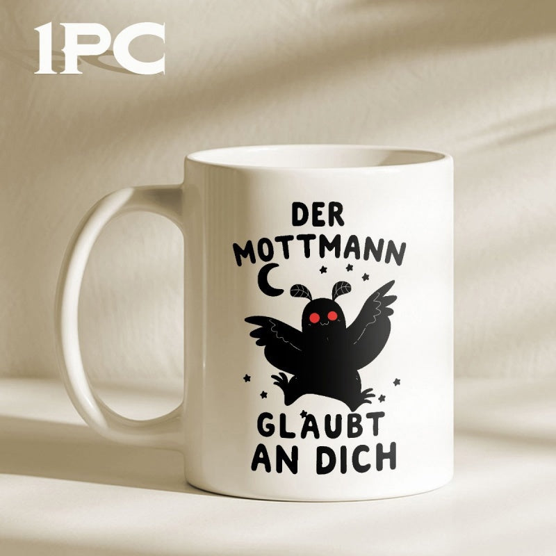 Tailorly White Ceramic 11 oz Mug - Mysterious Shadowy Winged Creature Under Crescent Moon With Glowing Eyes Mothman