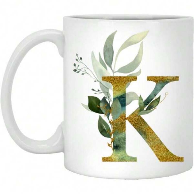 Tailorly White Ceramic 11 oz Mug - K Elegant Green Watercolor Leaves Intertwined With A Golden Textured Letter