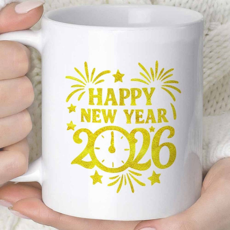Tailorly White Ceramic 11 oz Mug - Happy New Year 2026 Glittering Gold Fireworks And Midnight Clock Face Celebration