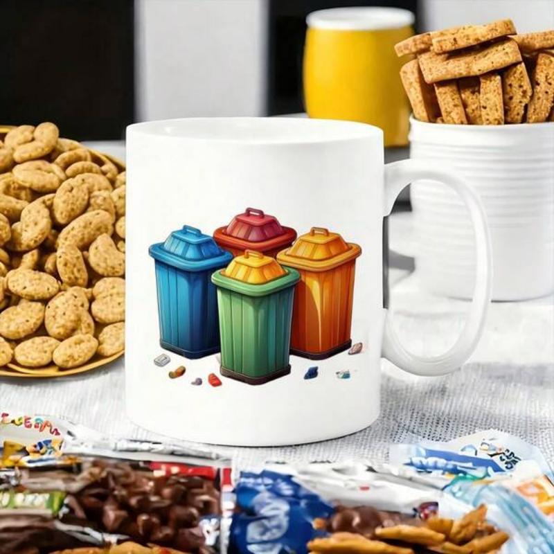 Tailorly White Ceramic 11 oz Mug - Vibrant Colorful Waste Bins Grouped Together On A Minimalist White Surface Trash Can