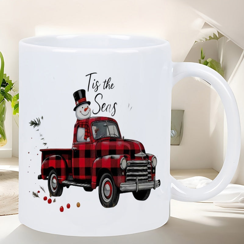 Tailorly White Ceramic 11 oz Mug - Tis The Seas Vintage Red Buffalo Plaid Pickup Driven By A Top Hat Snowman Truck