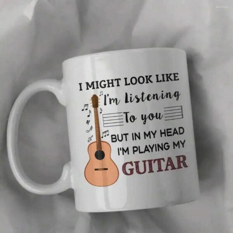 Tailorly White Ceramic 11 oz Mug - I Might Look Like Im Listening To You But In My Head Im Playing My Guitar Elegant Wooden Acoustic Instrument Among Musical Notes