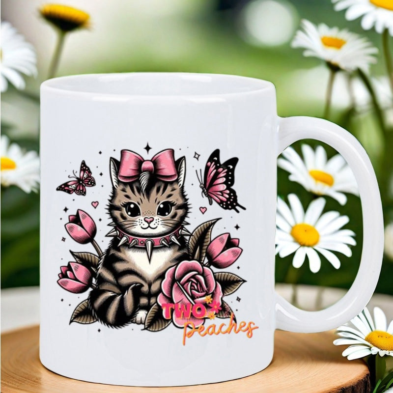Tailorly White Ceramic 11 oz Mug - Two Peaches Adorable Striped Cat With Pink Bow Among Roses And Fluttering Butterflies Cat