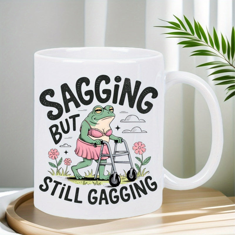 Tailorly White Ceramic 11 oz Mug - Sagging But Still Gagging Humorous Elderly Green Frog Wearing Pink Outfit Using Metal Mobility Walker Frog