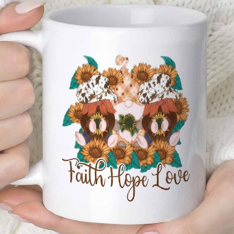 Tailorly White Ceramic 11 oz Mug - Faith Hope Love Whimsical Forest Figures Resting Within A Vibrant Garden Of Sunflowers Gnomes