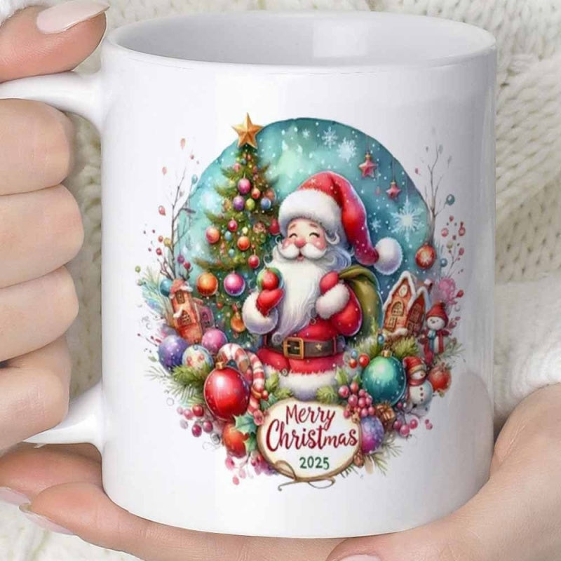 Tailorly White Ceramic 11 oz Mug - Merry Christmas 2025 Festive Watercolor Scene With Ornaments And Decorated Tree Surrounding Jolly Santa