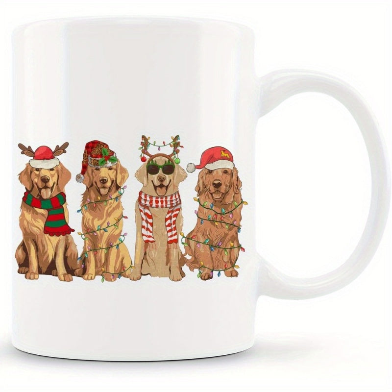 Tailorly White Ceramic 11 oz Mug - Festive Dogs Wearing Christmas Hats And Colorful Scarves Among Twinkling Fairy Lights Golden Retriever