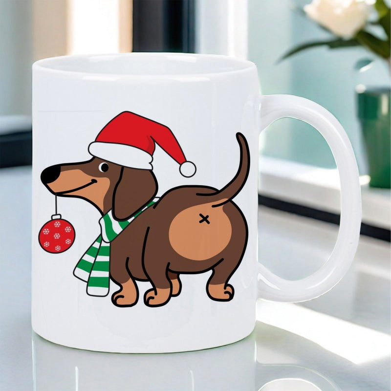 Tailorly White Ceramic 11 oz Mug - Festive Cartoon Wiener Dog Wearing Santa Hat And Striped Scarf Holding Ornament Dachshund