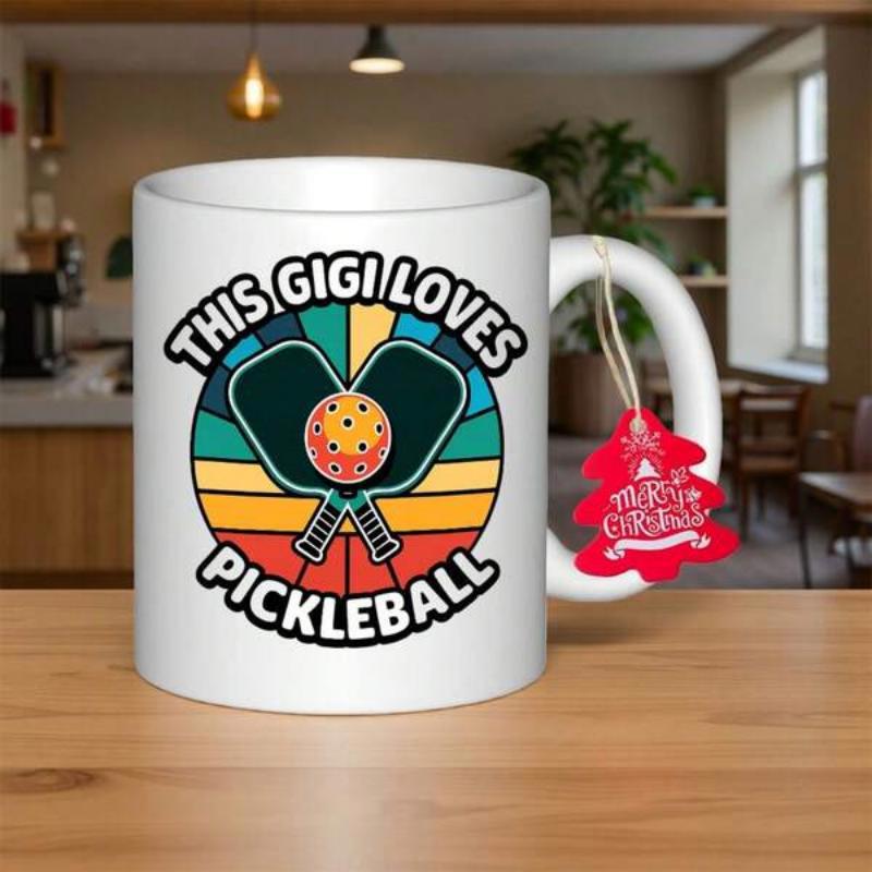 Tailorly White Ceramic 11 oz Mug - This Gigi Loves Pickleball Retro Sunset Background With Crossed Paddles And Textured Pickleball