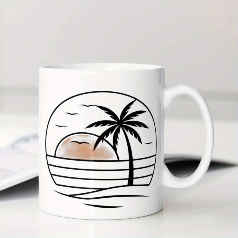 Tailorly White Ceramic 11 oz Mug - Minimalist Tropical Sunset Scene With Flying Birds Over Ocean Waves Palm Tree