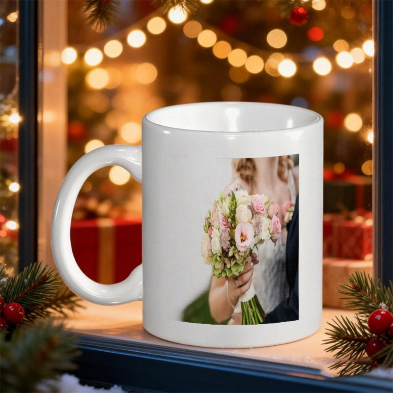 Tailorly White Ceramic 11 oz Mug - Beautiful Bridal Bouquet Held By Person Amidst Soft Christmas Lights Bouquet