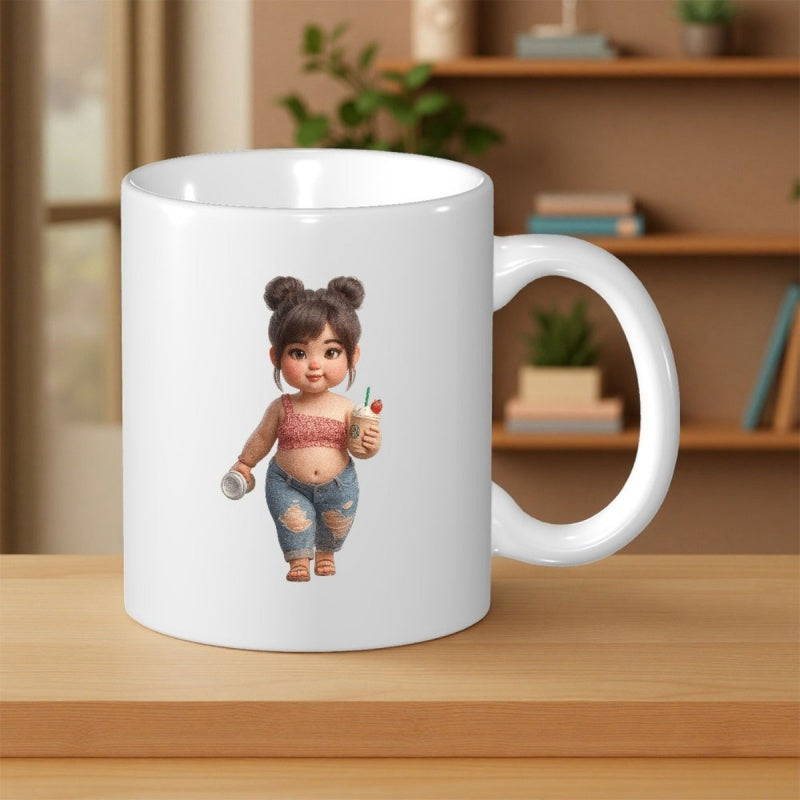 Tailorly White Ceramic 11 oz Mug - Chubby Stylized Character Wearing Pink Crop Top And Ripped Jeans Girl