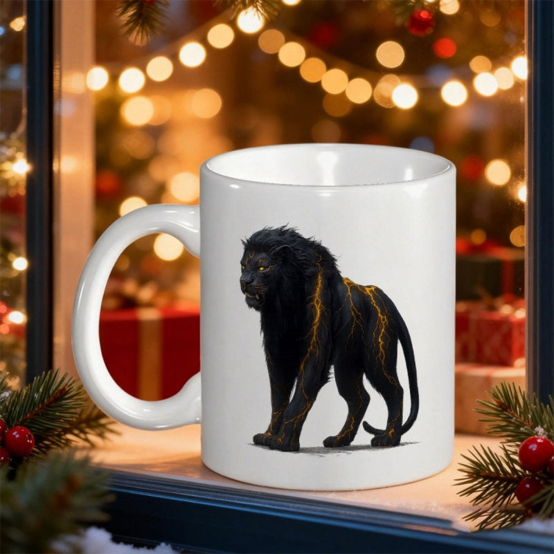 Tailorly White Ceramic 11 oz Mug - Powerful Majestic Black Mythical Creature With Glowing Golden Lightning Veins Lion