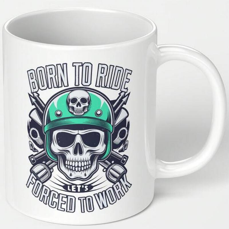 Tailorly White Ceramic 11 oz Mug - Born To Ride Lets Forced To Work Distressed Vintage Biker Design With Green Helmet And Mechanical Parts Skull