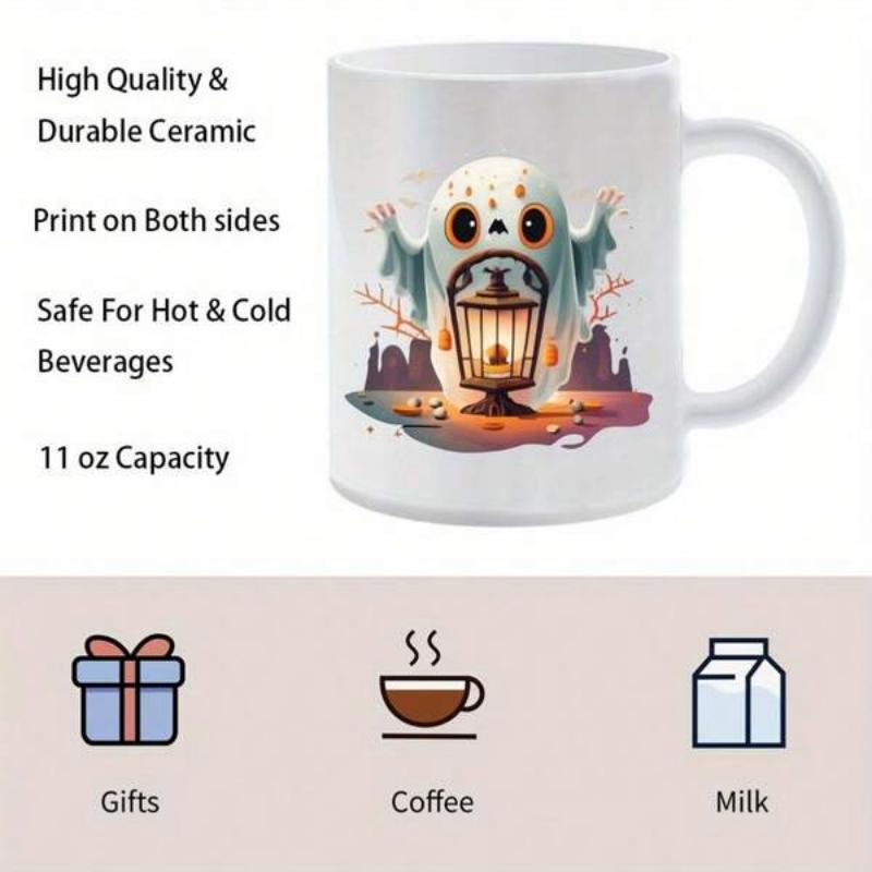 Tailorly White Ceramic 11 oz Mug - Cute Little Ghost Carrying Bright Lantern Within Spooky Autumn Forest Ghost