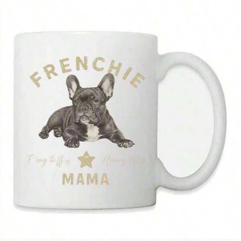 Tailorly White Ceramic 11 oz Mug - Frenchie Mama Adorable Realistic Black French Bulldog Resting Calmly On A White Dog