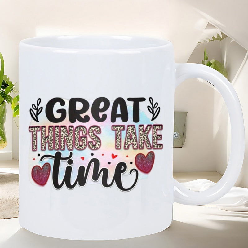 Tailorly White Ceramic 11 oz Mug - Great Things Take Time Pastel Watercolor Splash Background With Scattered Hearts And Little Leaf Accents Mug