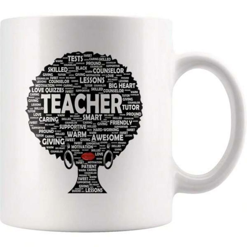 Tailorly White Ceramic 11 oz Mug - Teacher Word Cloud Silhouette Featuring Professional Descriptive Terms And Vibrant Red Lips Woman