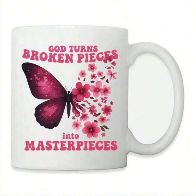 Tailorly White Ceramic 11 oz Mug - God Turns Broken Pieces Into Masterpieces Elegant Dark Pink Wing Merging Into Scattered Blossoming Cherry Flowers Butterfly