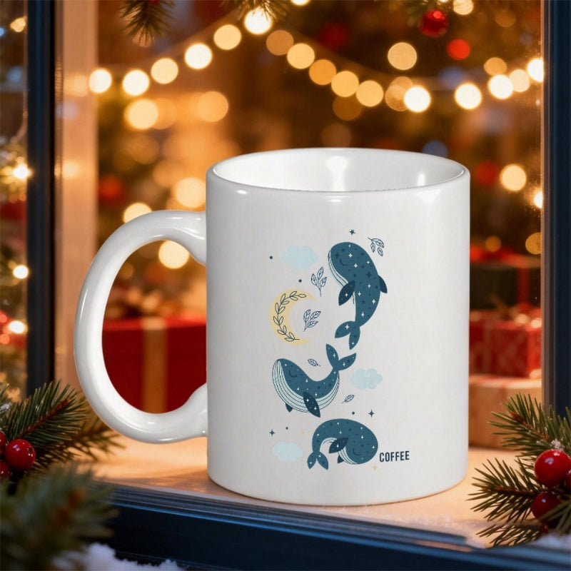 Tailorly White Ceramic 11 oz Mug - Coffee Playful Sea Creatures Swimming Gracefully Beneath A Golden Crescent Moon Whale