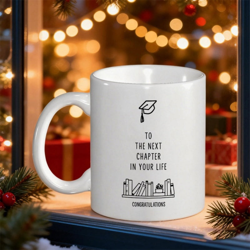 Tailorly White Ceramic 11 oz Mug - To The Next Chapter In Your Life Congratulations Minimalist Line Art Graduation Cap Above A Row Of Books Mug