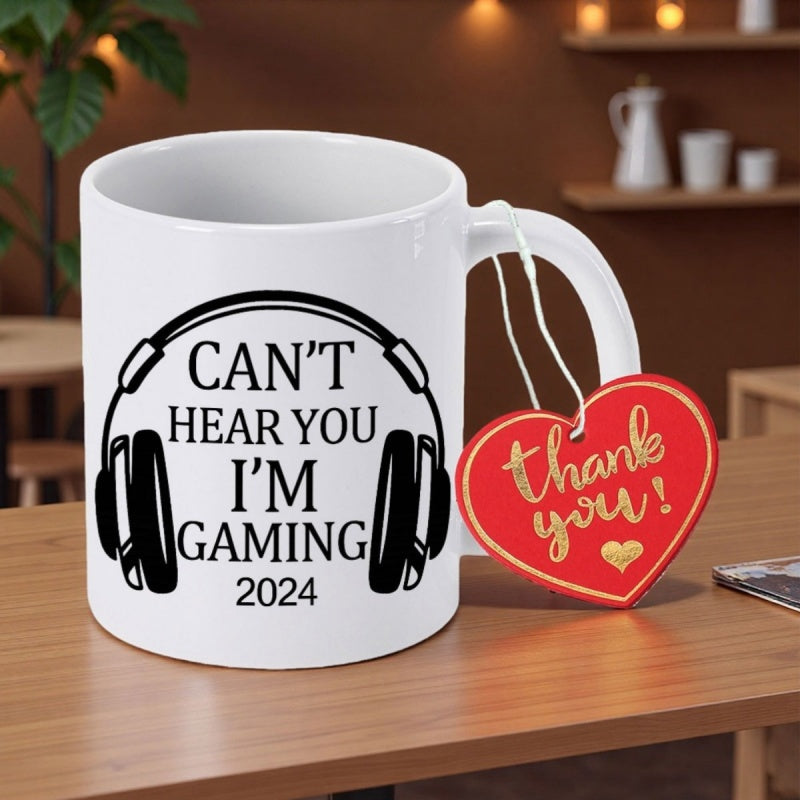 Tailorly White Ceramic 11 oz Mug - Can't Hear You I'm Gaming 2024 Sleek Black Minimalist Silhouette Of Modern Professional Over Ear Headphone