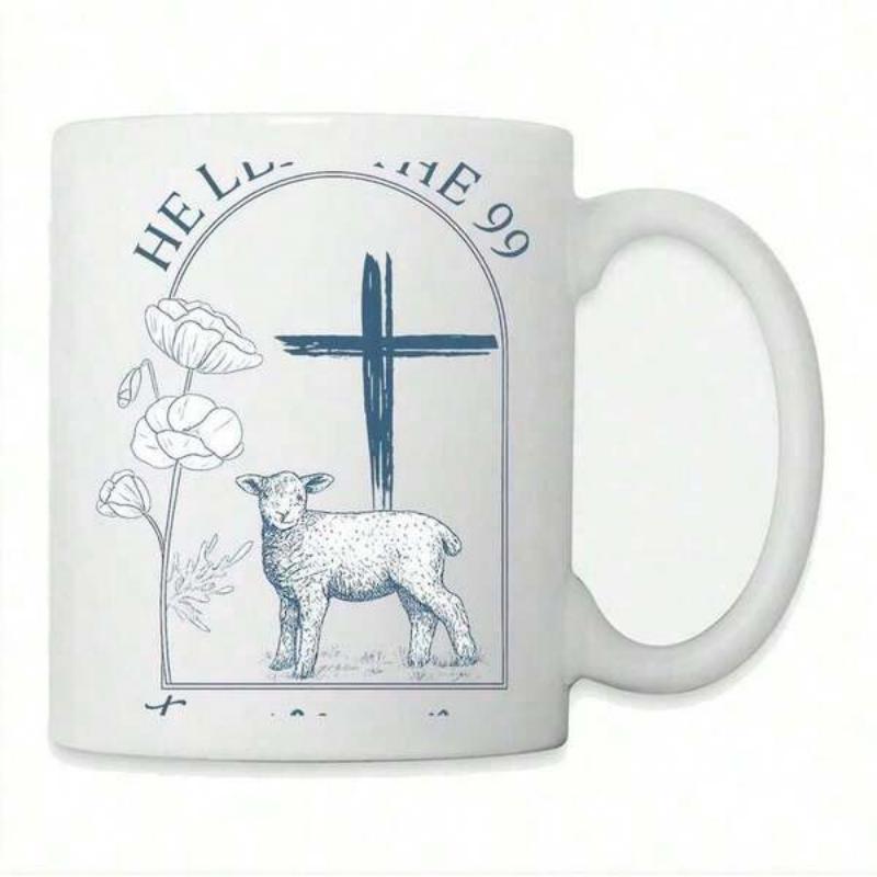 Tailorly White Ceramic 11 oz Mug - He Leaves The 99 Minimalist Hand Drawn Religious Cross Beside A Small Innocent White Lamb