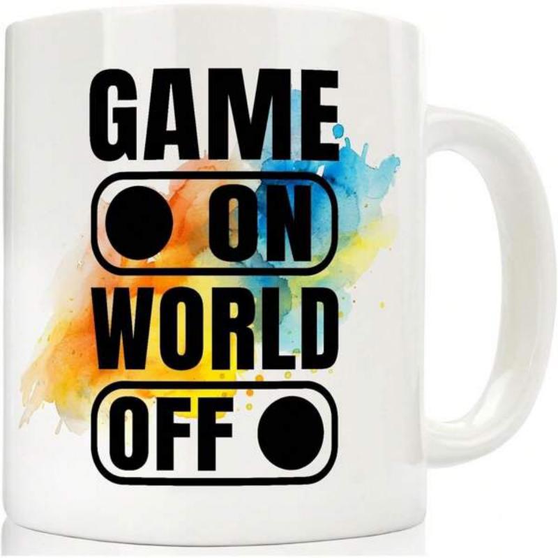 Tailorly White Ceramic 11 oz Mug - Game On World Off Colorful Watercolor Splash Behind Bold Toggle Switch Icons On A Ceramic Mug