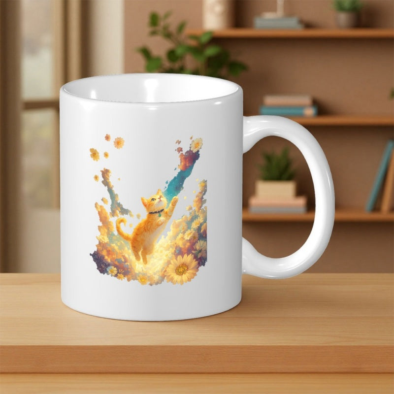 Tailorly White Ceramic 11 oz Mug - Artistic Watercolor Style Reaching Toward Splashes Of Color Among Sunflowers Cat