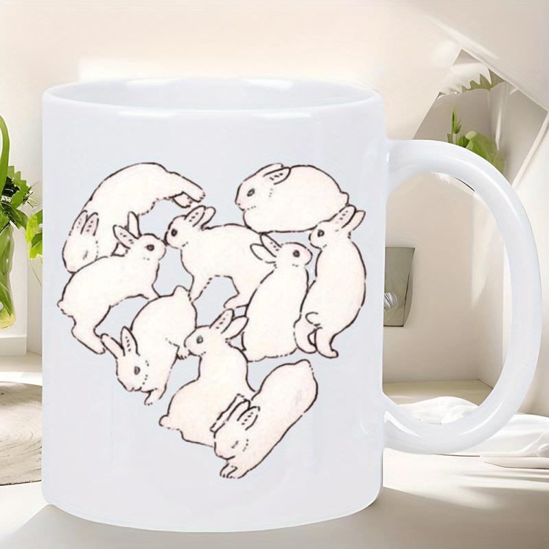 Tailorly White Ceramic 11 oz Mug - Lovely Hand Drawn Minimalist White Rabbits Forming A Charming Heart Rabbit