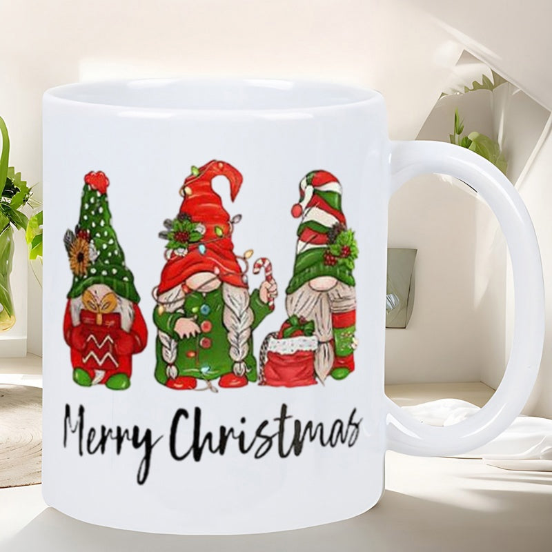 Tailorly White Ceramic 11 oz Mug - Merry Christmas Three Festive Holiday Gnomes Wearing Patterned Hats With Seasonal Winter Decorations Gnomes