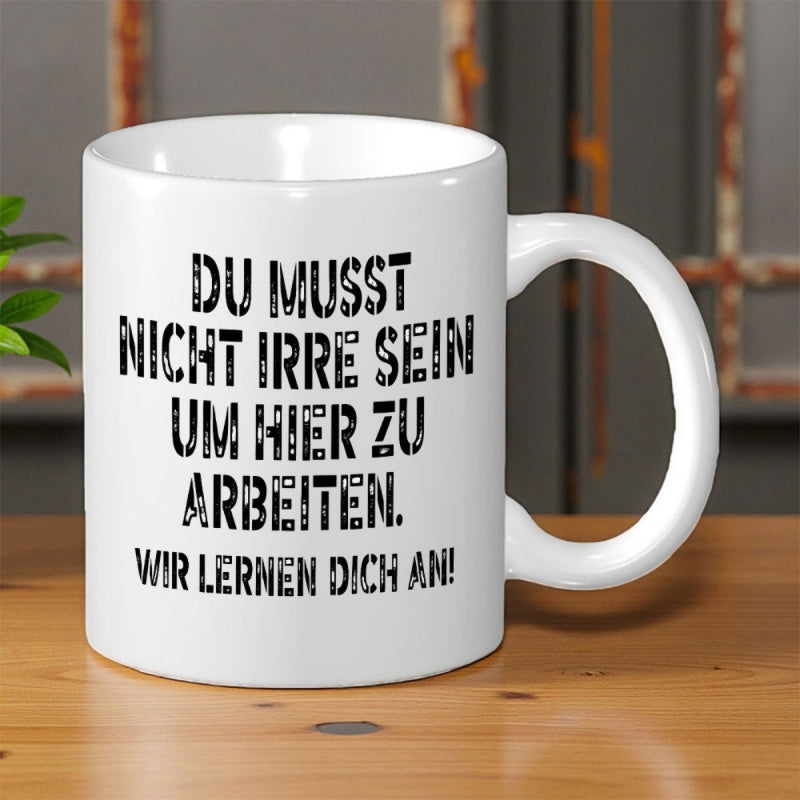 Tailorly White Ceramic 11 oz Mug - White Ceramic Vessel With Distressed Black Typography On Polished Wood Mug