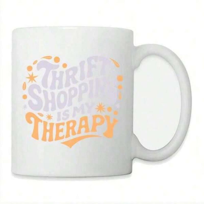 Tailorly White Ceramic 11 oz Mug - Thrift Shopping Is My Therapy Retro Groovy Typography Featuring Colorful Wavy Text And Small Decorative Stars Mug