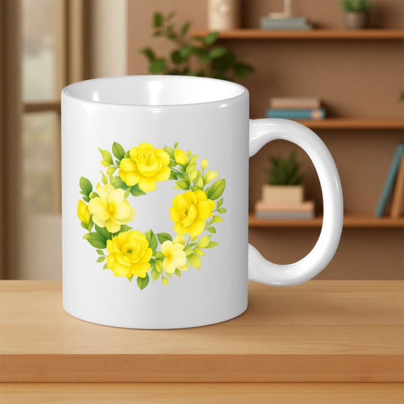 Tailorly White Ceramic 11 oz Mug - Vibrant Yellow Roses Arranged In A Circular Wreath With Green Leaves Flower