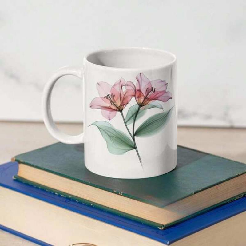 Tailorly White Ceramic 11 oz Mug - Watercolor Style Delicate Pink Petals With Soft Green Elegant Leaves Flower
