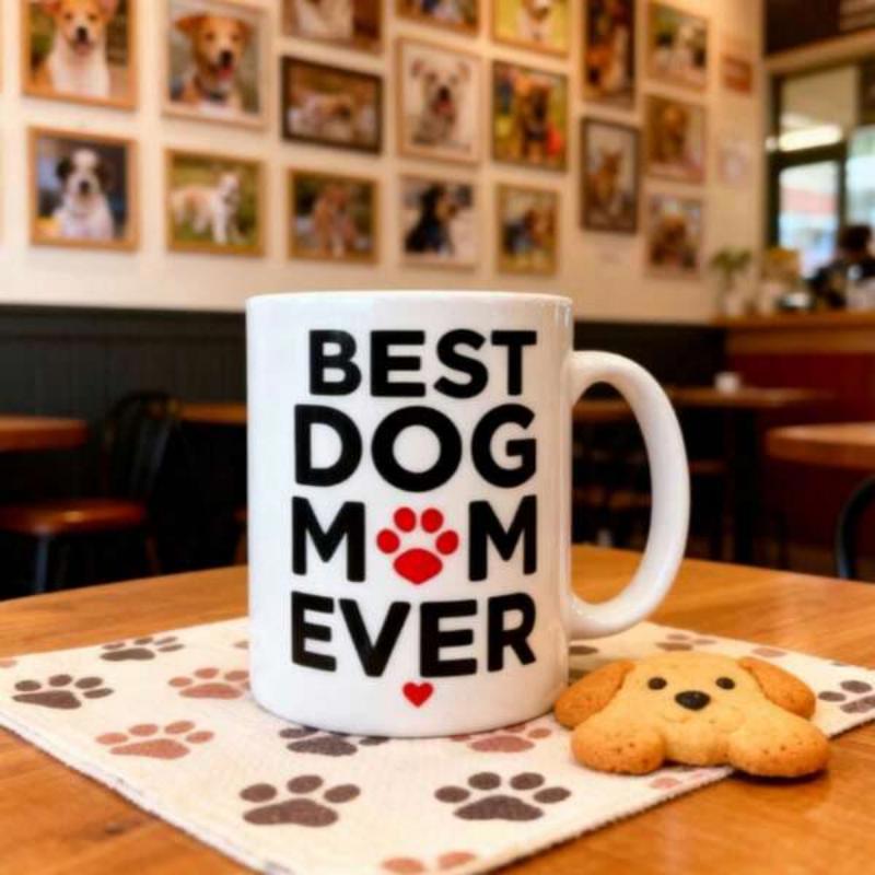 Tailorly White Ceramic 11 oz Mug - Best Dog Mom Ever Bold Minimalist Typography Featuring A Central Red Animal Print Heart Paw