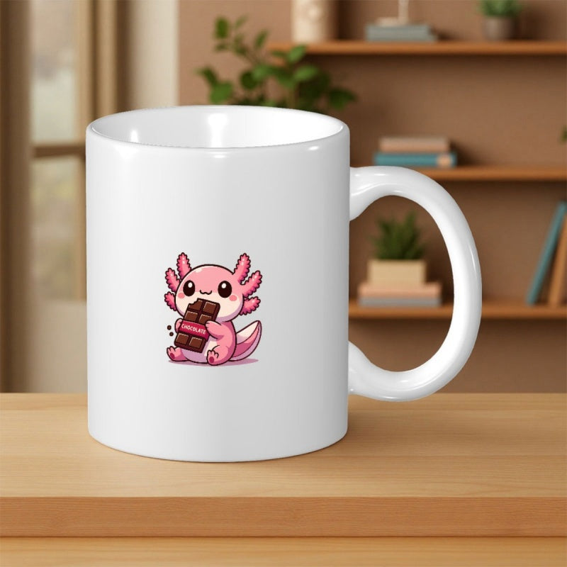 Tailorly White Ceramic 11 oz Mug - Cute Pink Cartoon Character Eating A Piece Of Dark Chocolate Axolotl