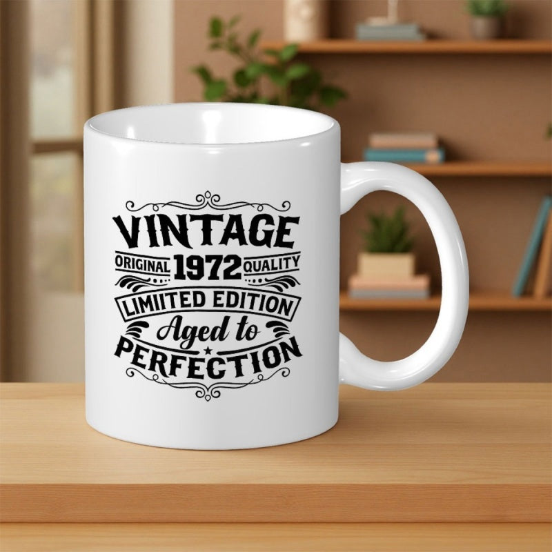 Tailorly White Ceramic 11 oz Mug - Vintage Original 1972 Quality Limited Edition Aged To Perfection Classic Retro Typography Featuring Elegant Swirls And Vintage