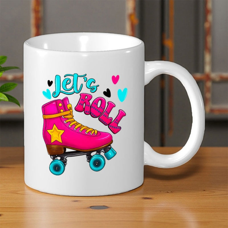 Tailorly White Ceramic 11 oz Mug - Lets Roll Vibrant Pink Retro Style With Teal Wheels And Yellow Star Roller Skate