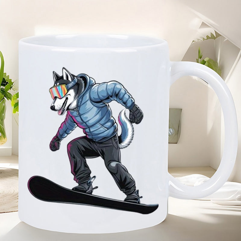 Tailorly White Ceramic 11 oz Mug - Action Packed Winter Scene With A Snowboarding Puffer Jacket Wearing Husky