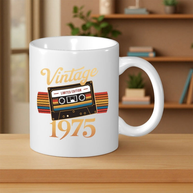 Tailorly White Ceramic 11 oz Mug - Vintage Limited Edition 1975 Retro Style Colorful Rainbow Stripes Featured On Classic Nostalgic Cassette