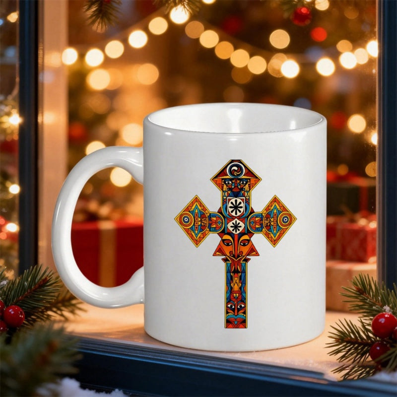 Tailorly White Ceramic 11 oz Mug - Ornate Patterns With Intricate Geometric Shapes And Colorful Tribal Ethnic Details Cross