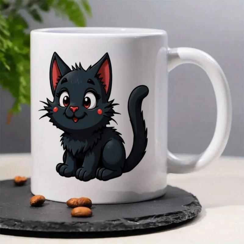 Tailorly White Ceramic 11 oz Mug - Adorable Sitting Little Black Feline With Large Glowing Eyes Character Cat