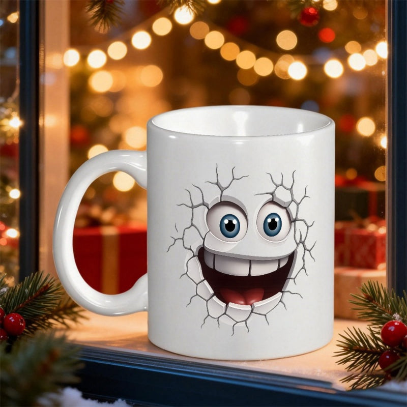 Tailorly White Ceramic 11 oz Mug - Cheerful Cartoon Expression Bursting Through Surface With Decorative Cracked Textures Face
