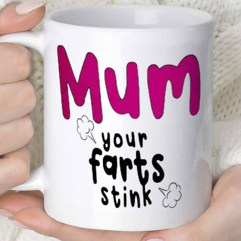 Tailorly White Ceramic 11 oz Mug - Mum Your Farts Stink Whimsical Smoke Clouds Floating Around Bold Vibrant Pink Artistic Text Mug