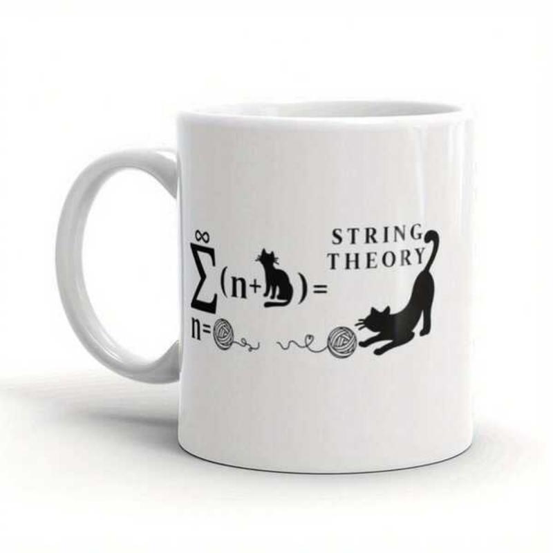 Tailorly White Ceramic 11 oz Mug - String Theory Playful Black Cats Stretching Among Yarn Balls And Mathematical Symbols Cat