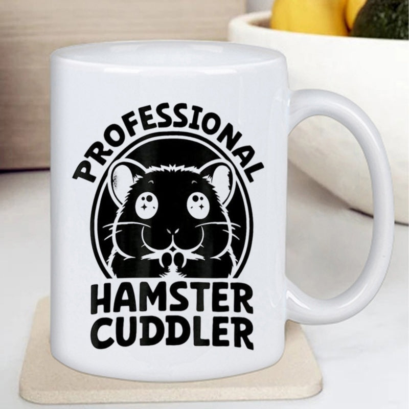Tailorly White Ceramic 11 oz Mug - Professional Hamster Cuddler Cute Black Circular Emblem Style Illustrating A Small Fluffy Pet Hamster